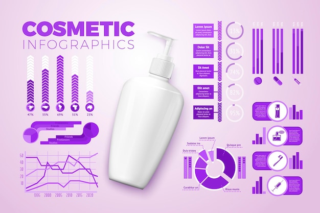 ベクトル 明るい背景に分離されたビジネスインフォグラフィック、アイコン、チャートで、現実的な3dクリームボトルをベクトルします。