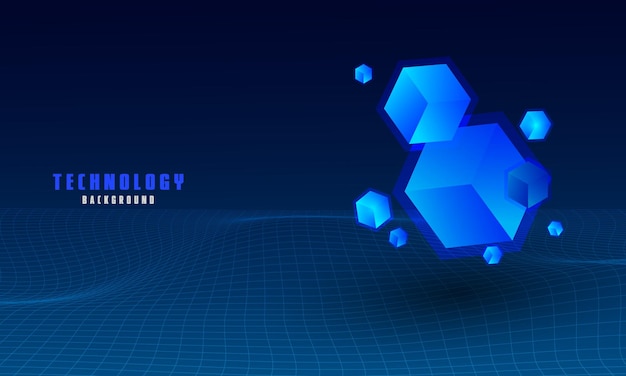Векторные реалистичные 3d кубы с голубым свечением на темно-синем фоне волны
