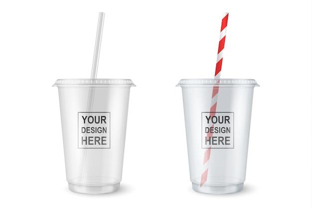 Вектор Векторная реалистичная 3d пустая прозрачная пластиковая одноразовая чашка с соломенным набором крупным планом на белом фоне. дизайн-шаблон макета упаковки для графики - молочный коктейль, чай, свежий сок, лимонад,