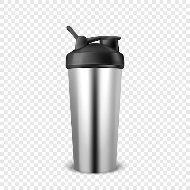 Vector vector realistic 3d empty glossy metal shaker for sports nutrition closeup isolated on transparency grid background. design template of packaging mockup for graphics. front view.