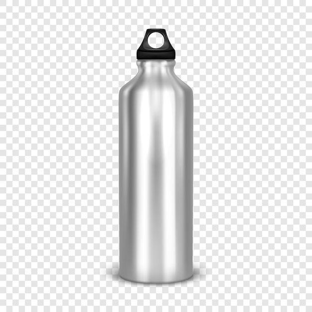 Vector vector realistic 3d empty glossy metal water bottle with black bung closeup isolated on transparency grid background. design template of packaging mockup for graphics. front view.