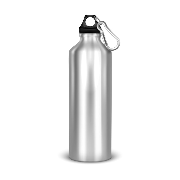 Vector vector realistic 3d empty glossy metal water bottle with black bung closeup isolated on white background. design template of packaging mockup for graphics. front view.