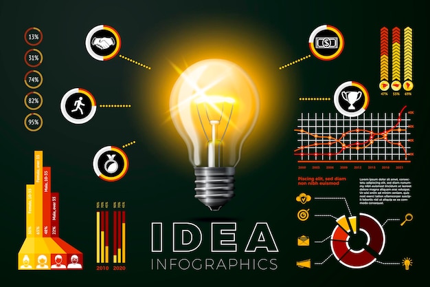 벡터 비즈니스 인포 그래픽 아이콘 및 차트와 벡터 현실적인 3d 유리 빛나는 아이디어 램프
