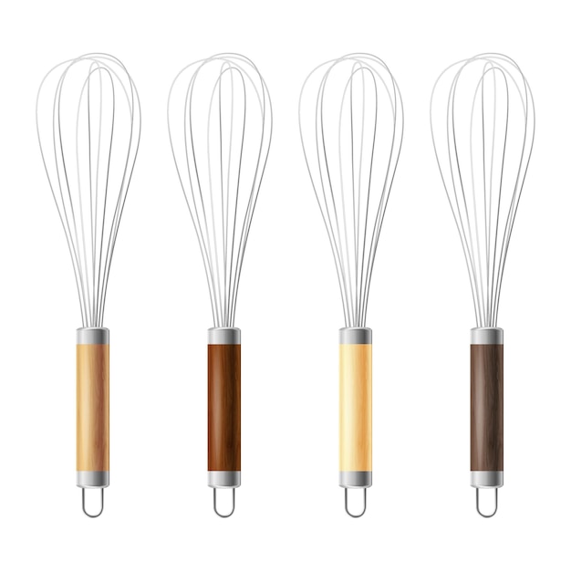 Vector Realistic 3D Metal and Wooden Wire Steel Whisk Icon Set Closeup Isolated Cooking Utensil Egg Beater Culinary Air Whisk for Mixing and Whipping Design Template Mockup Clipart for Bakery