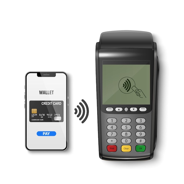 Vettore vettore realistico pagamento 3d wifi nero macchina smarthone terminale pos telefono carta di credito isolato modello di progettazione del terminale di pagamento bancario telefono mockup pagamenti dispositivo vista dall'alto