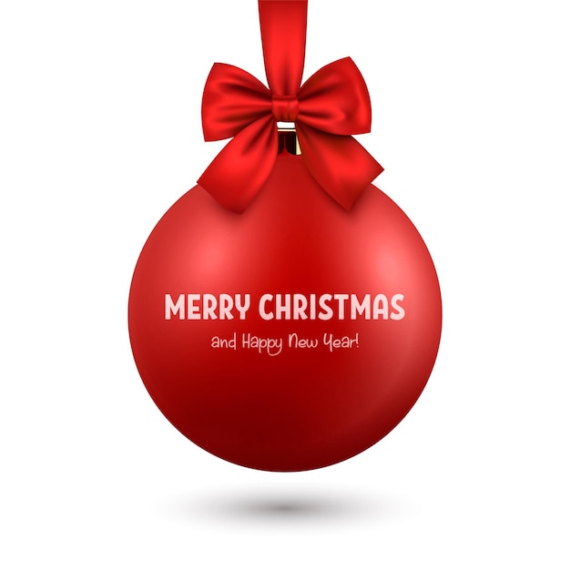 벡터 현실적인 3d 빨간색 크리스마스 유리 공 빨간색 실크 활 근접 촬영 고립 된 디자인 서식 파일 크리스마스와 새 해 나무 장난감 장식 크리스마스 공 Mockup 전면 보기