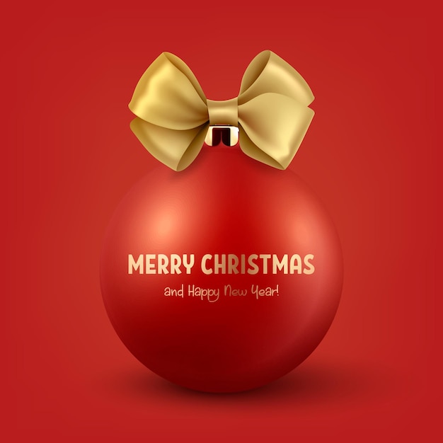 Vector Realistic 3d Red Christmas Glass Ball with Yellow Golden Silk Bow Closeup Isolated on Red