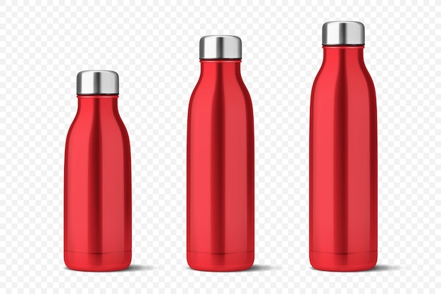 Vector Realistic 3d Red Empty Glossy Metal Reusable Water Bottle met Silver Bung Set Closeup Isolated Design template van Packaging Mockup Front View