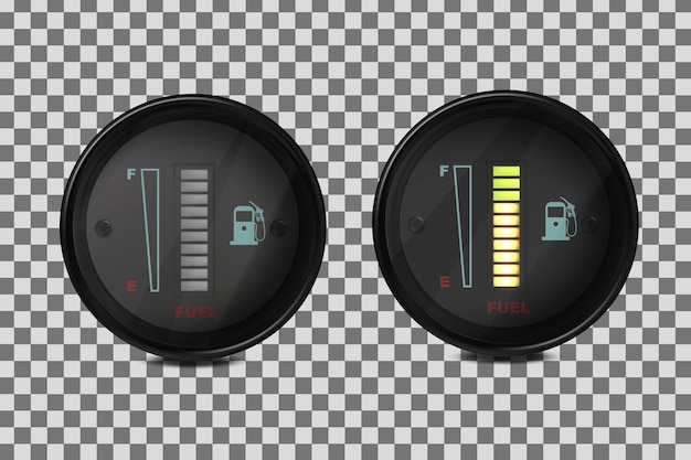 Vector realistic 3D set of fuel level indicators in a car Illustration on a transparent background