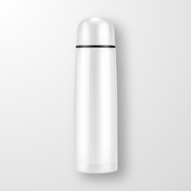 Vector realistic 3d wgite empty glossy metal vacuum thermo tumbler flask closeup on white background. Design template of packaging mockup for graphics. Top view.