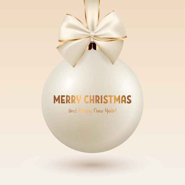 Vector realistic 3d white or beige christmas glass ball with silk bow and golden print closeup design template of xmas and new year tree toy decoration christmas ball for mockup front view