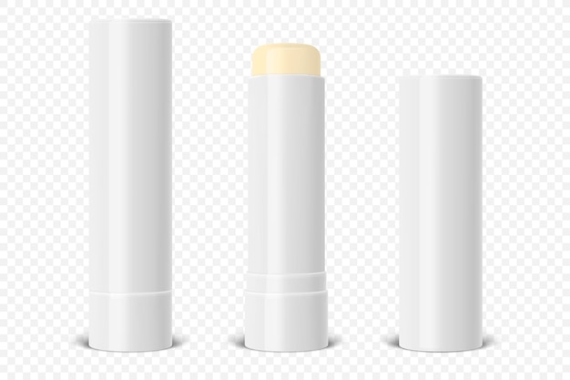 Вектор Векторный реалистичный 3d white blank closed lip balm stick гигиеническая губная помада и набор блистерной упаковки изолированный шаблон дизайна для графики векторный макет косметическая красота макияж концепция вид спереди