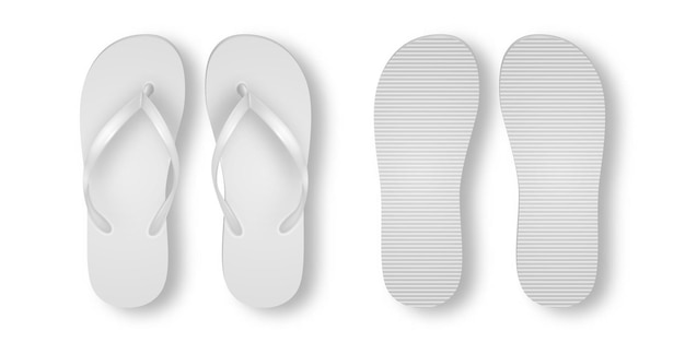 Vector vector realistic 3d white blank empty flip flop set closeup isolated on white background design template of summer beach flip flops pair for advertise logo print mockup front and back view