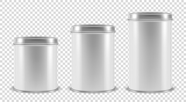 Vector realistic 3d white blank metal tin can container set closeup isolated on transparent background design template for packaging baby powder milk tea coffee cereal etc mockup front view