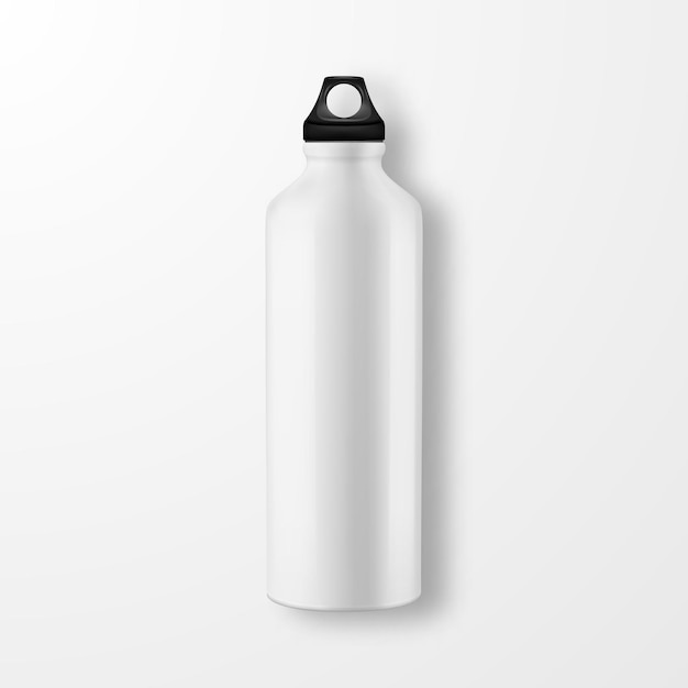 Vector vector realistic 3d white empty glossy metal water bottle with black bung closeup on white background. design template of packaging mockup for graphics. top view.