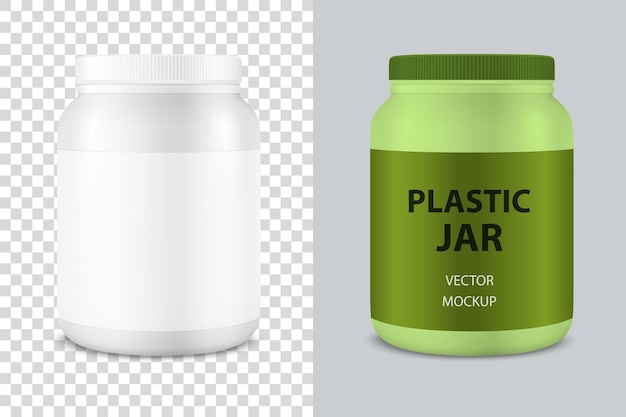 Vettore vector realistico 3d bianco barattolo di plastica può con coperchio primo piano isolato modello di progettazione di proteine del siero di latte sport in polvere vitamine bcaa capsule caps per mockup vista frontale