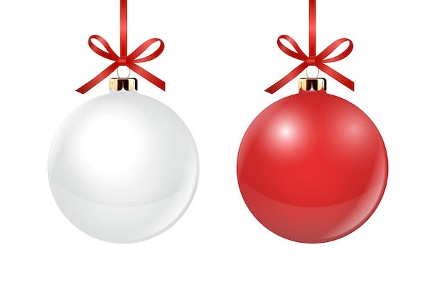 Векторный реалистичный 3d белый и красный рождественский глянцевый стеклянный шар с шелковым красным бантом икона макет набор крупным планом изолированный шаблон дизайна рождественской и новогодней елки игрушка украшение мяч для макета вид спереди
