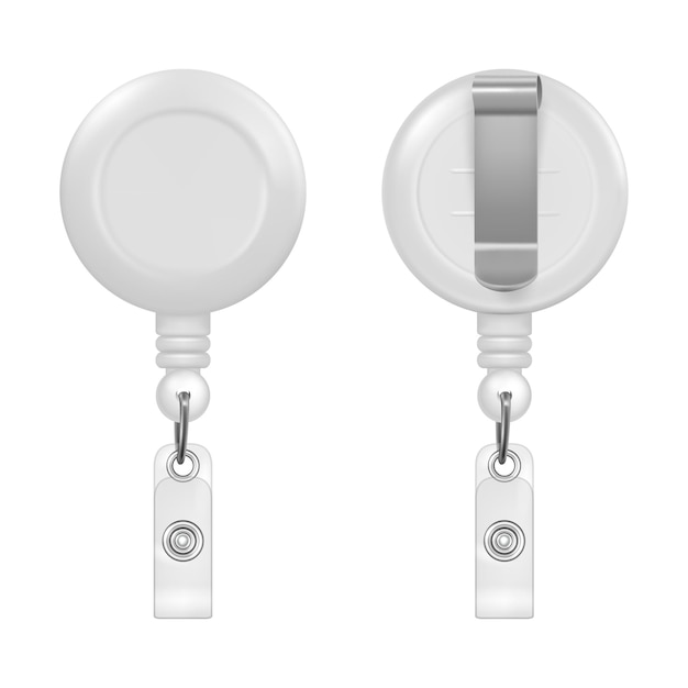 Vector vector realistic 3d white round reel holder clip for graphic id card badge set closeup isolated on white background. front and back view. design template for mockup.