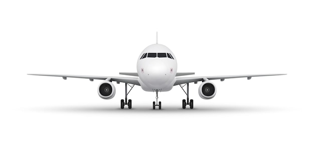 Vector realistic airplane. Aircraft isolated on white background, front view.