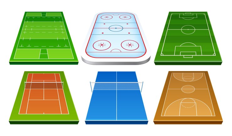 Vector vector realistic badminton ice hockey rugby soccer football and basket ball playground set