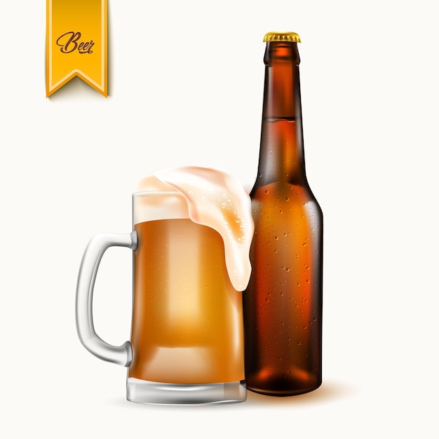 Vector realistic beer bottle and mug of beer