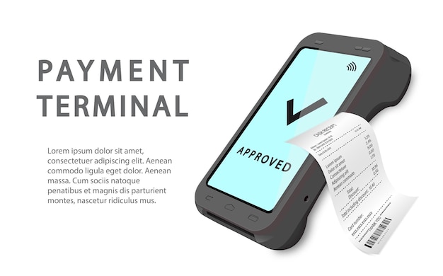 ベクトルリアルな黒の3d決済機白い背景に領収書とテキストでpos端末のクローズアップデザインテンプレートレイアウト上面図