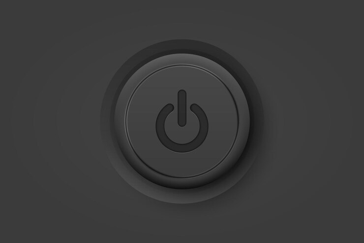 Vector vector realistic black power plastic knob closeup circle button icon design template of power volume playback control top front view