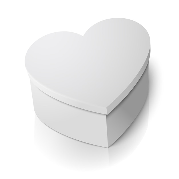 리플렉션 사용 하 여 흰색 배경에 고립 된 벡터 현실적인 빈 큰 흰색 심장 모양 상자. 발렌타인 데이 또는 사랑 선물 디자인.