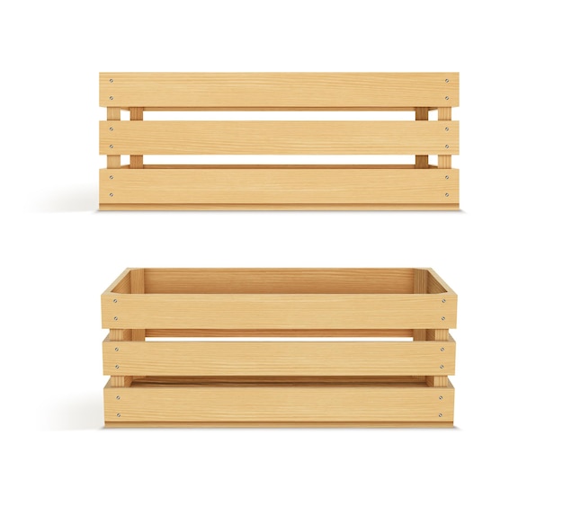 Векторный реалистичный деревянный ящик для хранения грузов на белом фоне