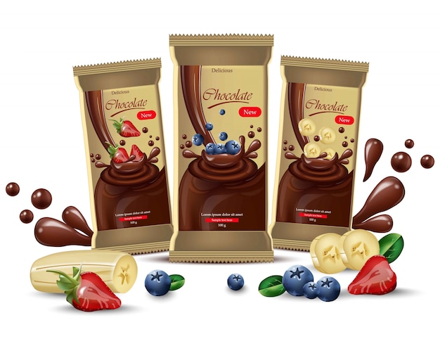 Cioccolatini realistici di vettore mock up. design dell'etichetta del packaging del prodotto. mirtillo, fragola