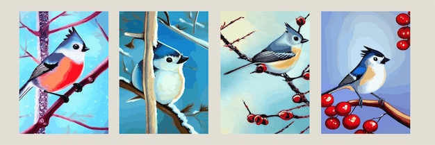 Vector realistic detailed illustration set of finches on branches on winter branches Winter design elements