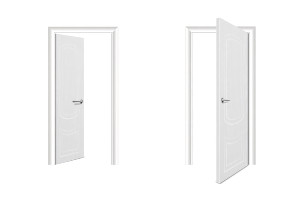 Vettore vettore realistico diverso aperto e chiuso bianco porta in legno set di icone primo piano isolato su sfondo bianco elementi di architettura modello di progettazione di casa classica porta per grafica vista frontale