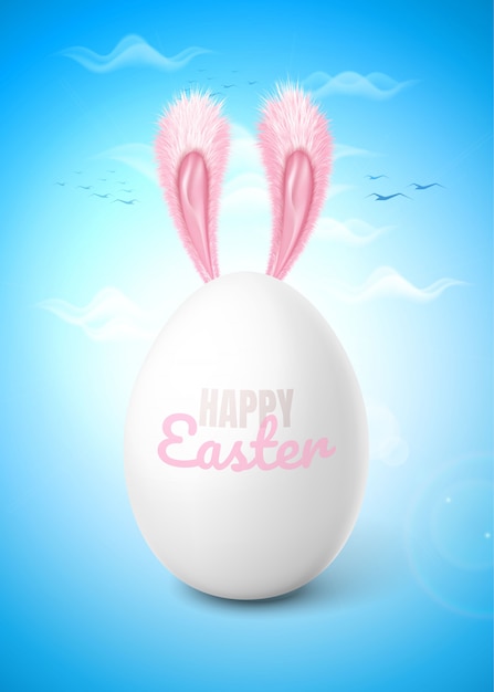 Vector realistic easter egg with rabbit ears sky