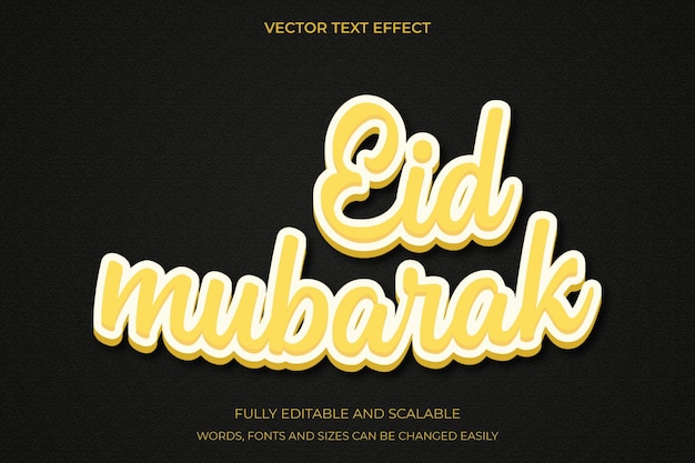 Effetto di testo 3d modificabile realistico vettoriale sfondo nero con testo giallo che dice eid mubarak