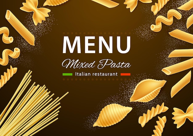 Vector realistic farfalle rigatoni cavatappi conchiglie rigate pasta menu design