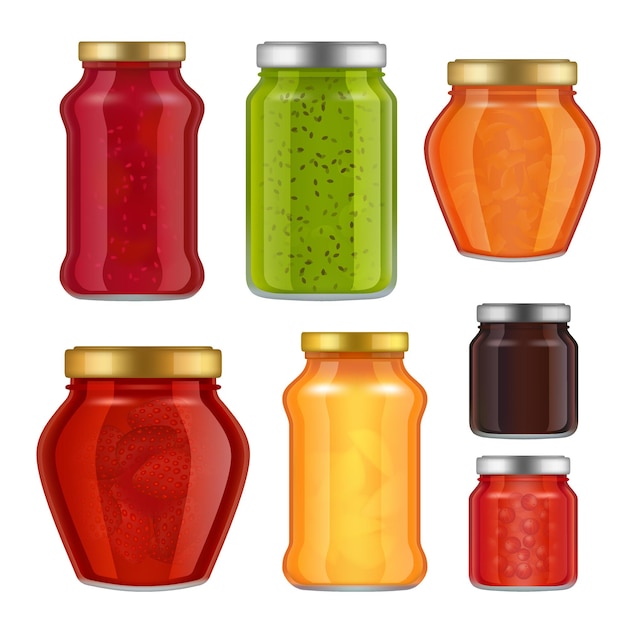 Vector realistic fruit jam jar icon set