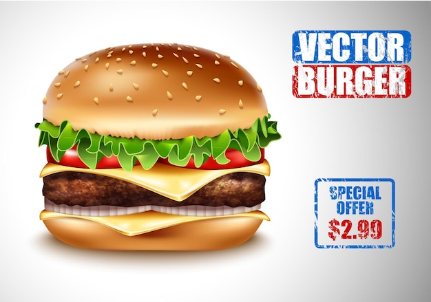 ベクトル現実的なハンバーガー。白い背景にレタストマトオニオンチーズビーフとクラシックバーガーアメリカンチーズバーガー。ファーストフードメニューの価格広告。牛肉と新鮮な有機野菜。