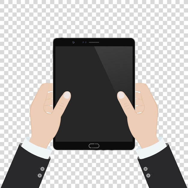 vector realistic hands holding tablet with blank screen isolated on white background