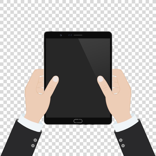 Vector vector realistic hands holding tablet with blank screen isolated on white background