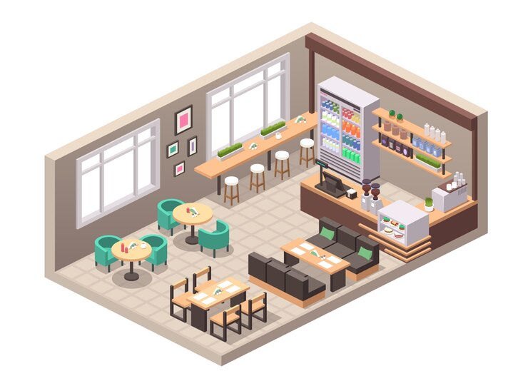 Vector realistic illustration of cafe or cafeteria. Isometric view of interior, tables, sofa, seats, counter, cash register, cakes desserts in showcase, bottled drinks on shelve, coffee machine, decor