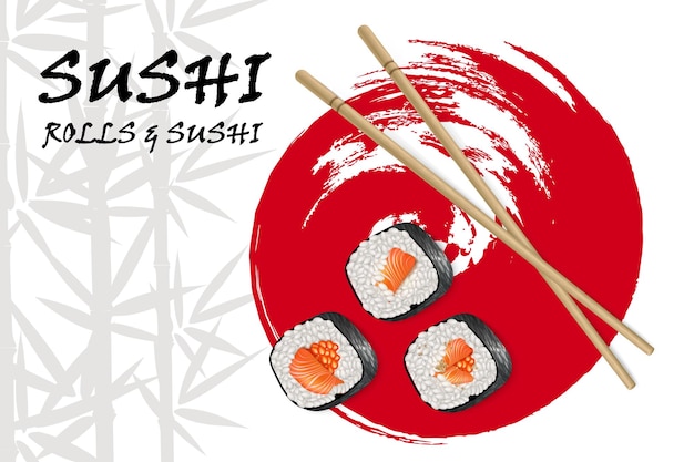 Vector realistic image of sushi with bamboo sticks on the background of bamboo and red circle brushstroke Restaurant sushi menu background Sushi advertisement