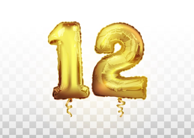 투명 한 배경에 12의 벡터 현실적인 격리 된 황금 풍선 번호. 12세 생일 벡터 3d 그림을 축하합니다. 12주년 기념행사.