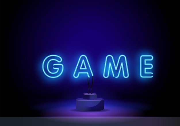 Insegna al neon isolata realistica vettoriale del logo del gioco per la decorazione e il rivestimento sullo sfondo del muro ...