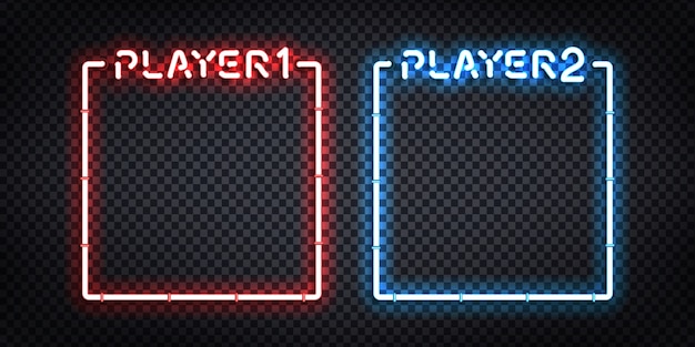 Insegna al neon isolata realistica di vettore dei fotogrammi player 1 e player 2 per la decorazione e il rivestimento del modello. concetto di versus e gioco.