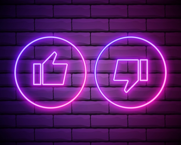 Vector realistic isolated neon signs of thumbs up and down on the wall background concept of rating network and social media