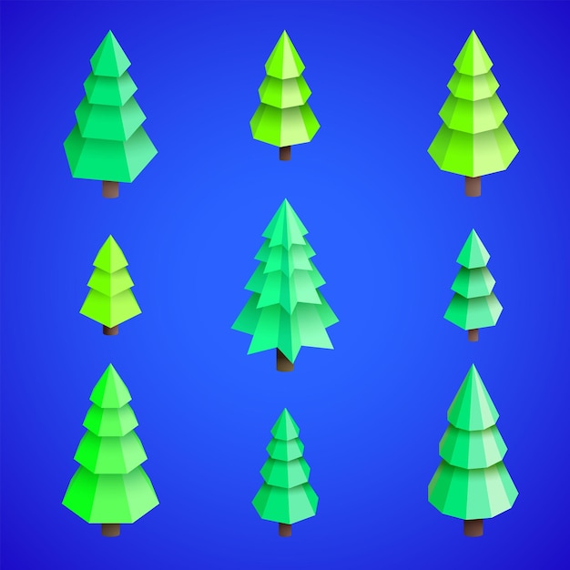 ベクトル現実的な等尺性低ポリデザイン新年クリスマスツリーセット孤立した青い背景コレクション
