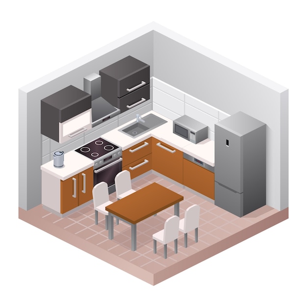 ベクトルの現実的なキッチンのインテリア。モダンな家具のデザイン、アパートや家のコンセプト。部屋、ダイニングテーブル、椅子、キャビネット、コンロ、冷蔵庫、調理器具、室内装飾の等角図