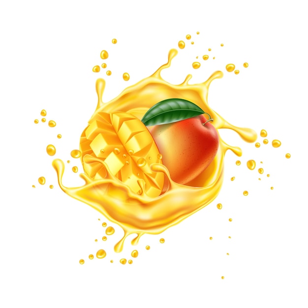 Vector vector realistic mango leaf slice juice splash