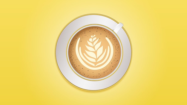 Vector vector realistic milk foam coffee in white ceramic coffee mug on yellow background cappuccino