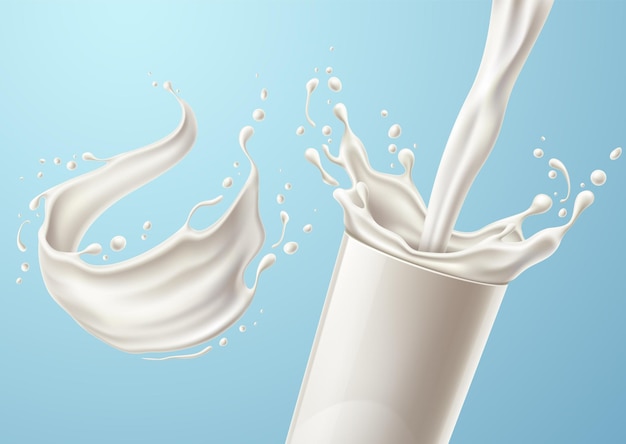 유리 유제품 음료 디자인 요소 건강 한 유기농 음료 모션에서 벡터 현실적인 우유 스플래시